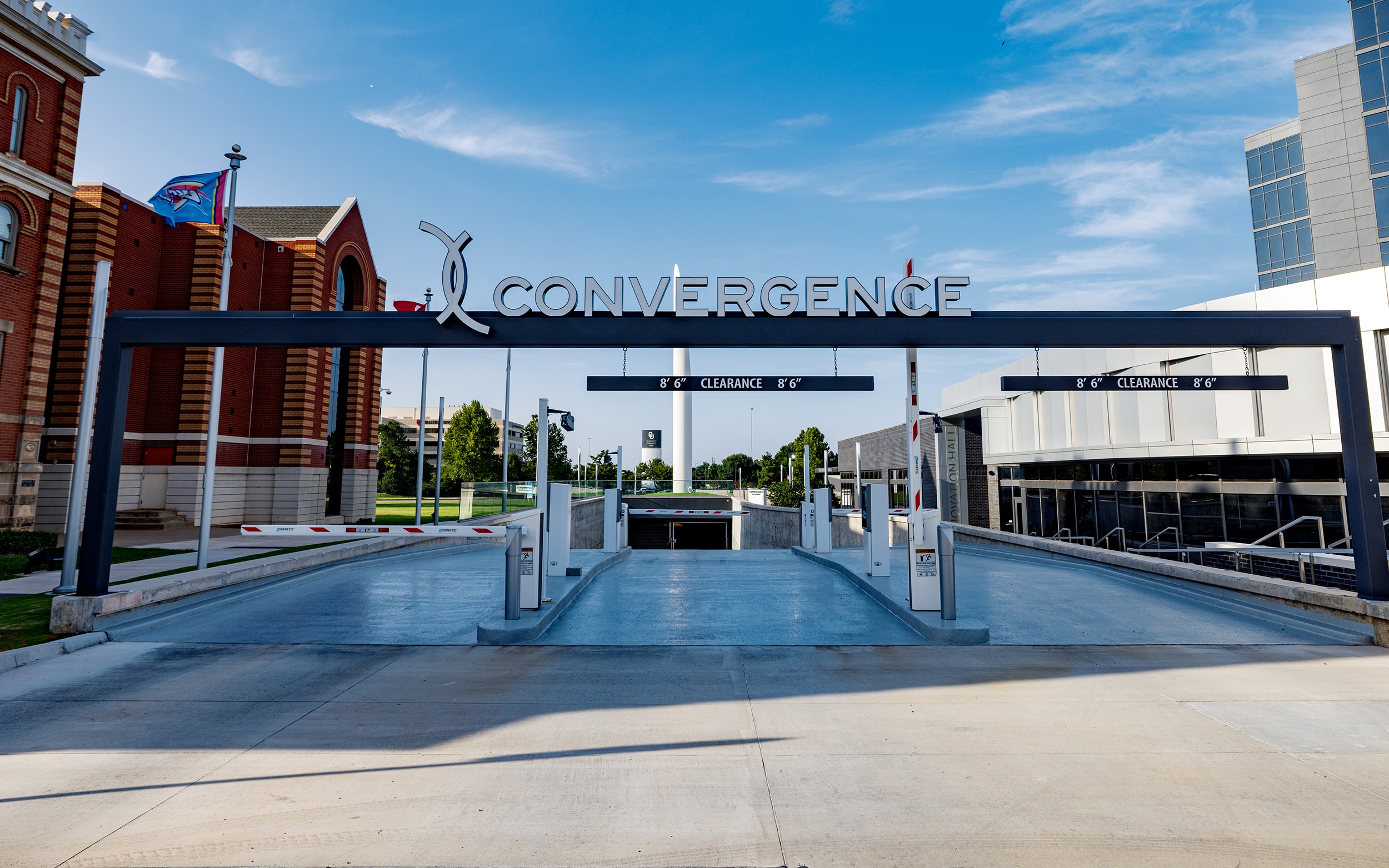 Entrance and exit lanes of the Convergence parking garage.